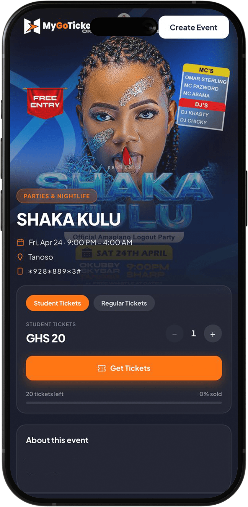MyGoTickets event preview on phone