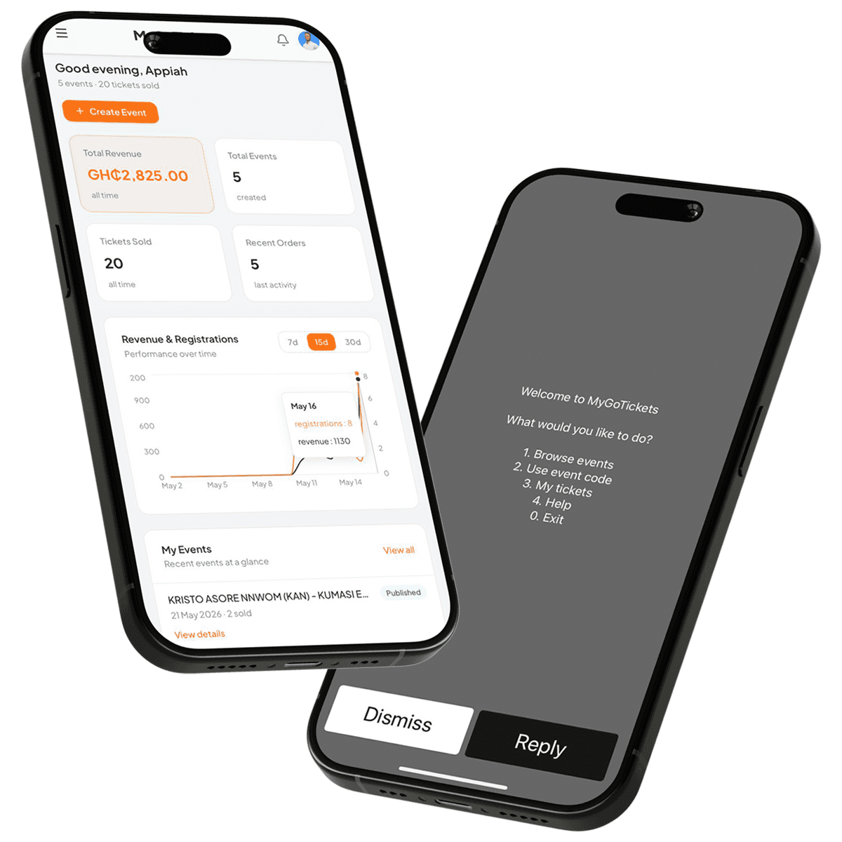 MyGoTickets organizer dashboard alongside the WhatsApp checkout screen